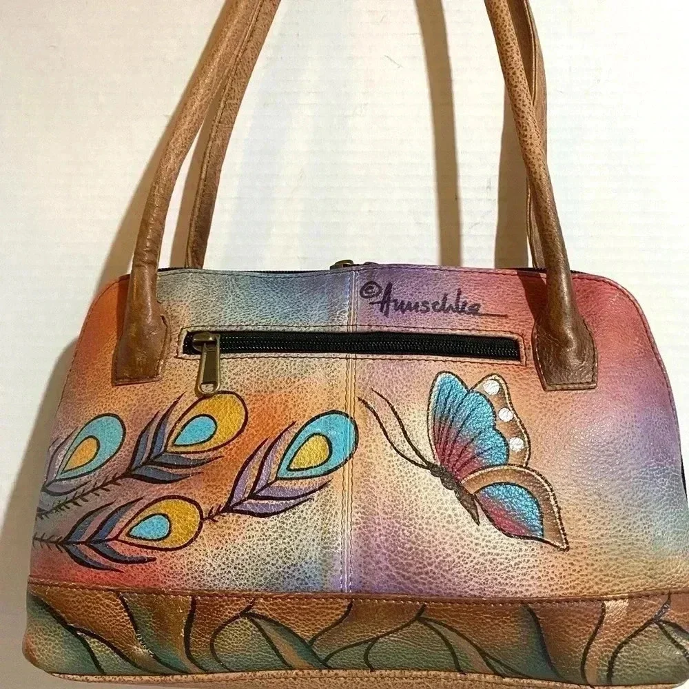 Anuschka hand painted multicolor leather satchel handbag